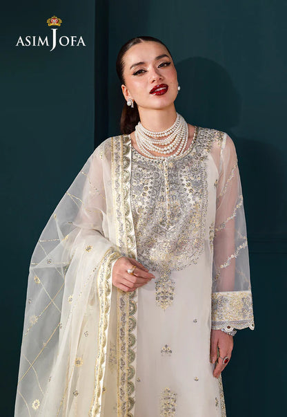 Asim Jofa AJLFC-03 Cream Embroidered Organza Outfit with Silver Sequins and Gray Threadwork – Festive Party Wear Pakistanimoda