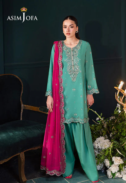 Asim Jofa AJLFC-04 Emerald Green Raw Silk Formal Suit with Gold Zari and Teal Embroidery – Luxury 2025 Dress Pakistanimoda
