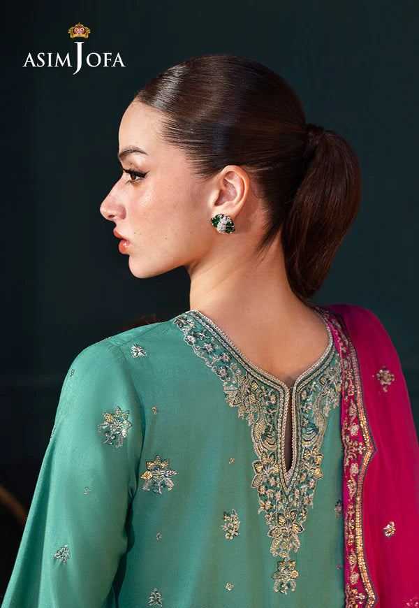 Asim Jofa AJLFC-04 Emerald Green Raw Silk Formal Suit with Gold Zari and Teal Embroidery – Luxury 2025 Dress Pakistanimoda
