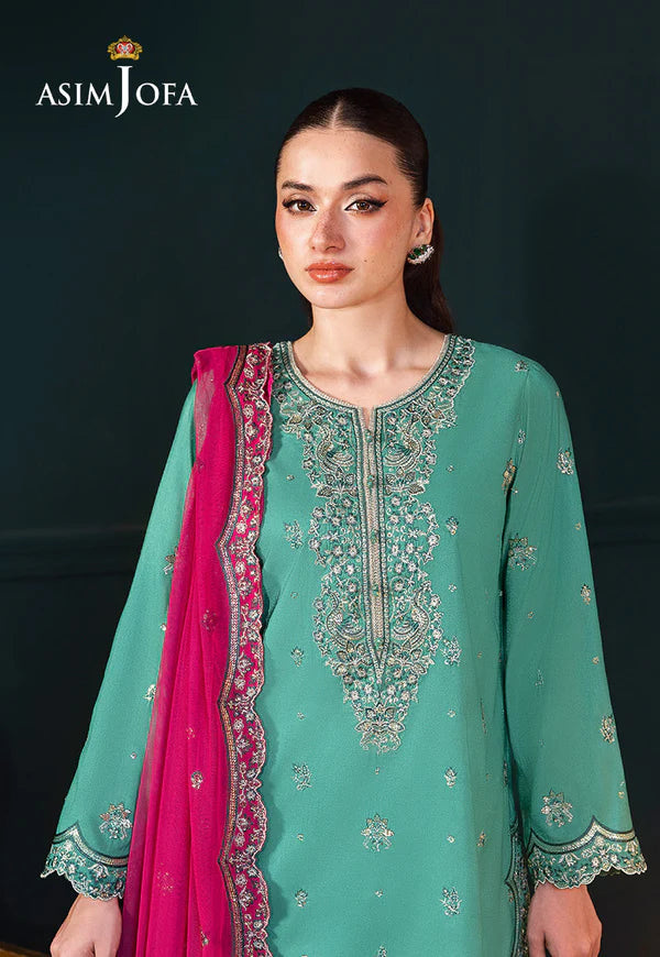 Asim Jofa AJLFC-04 Emerald Green Raw Silk Formal Suit with Gold Zari and Teal Embroidery – Luxury 2025 Dress Pakistanimoda