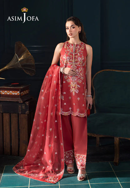 Asim Jofa AJLFC-06 Coral Pink Embroidered Organza Dress with Copper Zari and Sequin Borders – Semi-Formal Outfit Pakistanimoda