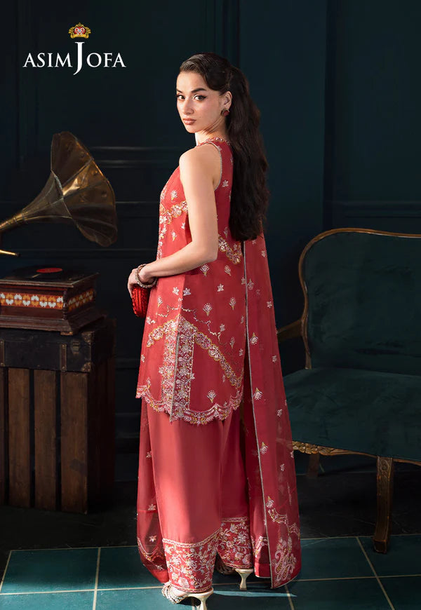 Asim Jofa AJLFC-06 Coral Pink Embroidered Organza Dress with Copper Zari and Sequin Borders – Semi-Formal Outfit Pakistanimoda