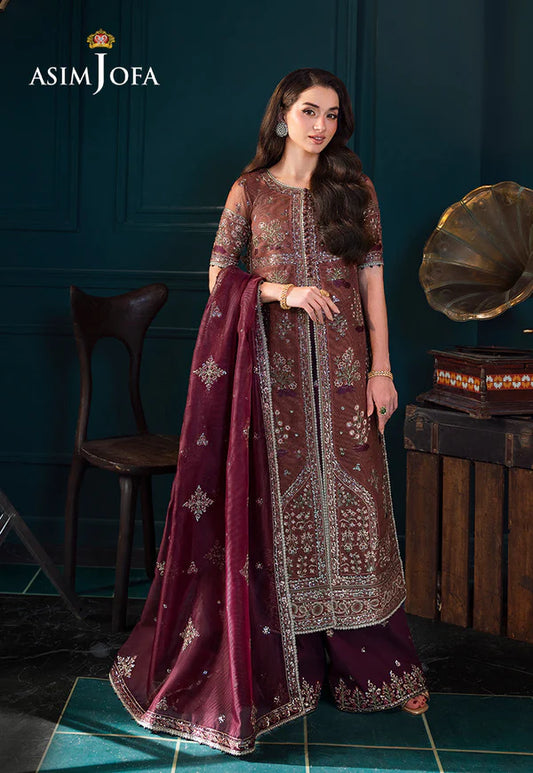 Asim Jofa AJLFC-08 Maroon Embroidered Jacket Style Suit with Gold Zari and Sequin Detailing – Festive Wear Pakistanimoda
