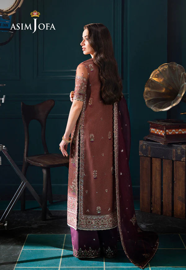 Asim Jofa AJLFC-08 Maroon Embroidered Jacket Style Suit with Gold Zari and Sequin Detailing – Festive Wear Pakistanimoda