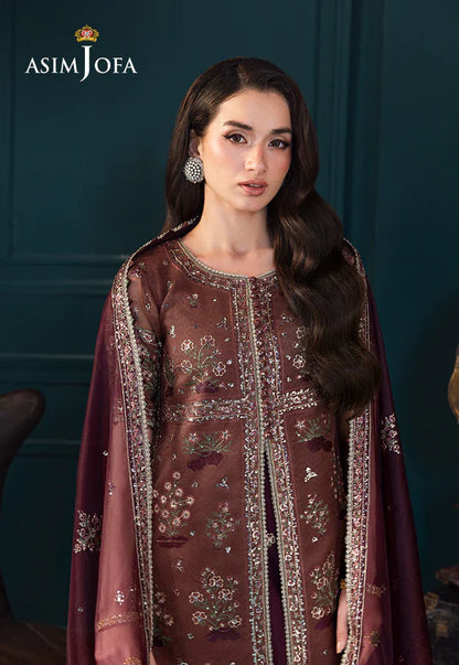 Asim Jofa AJLFC-08 Maroon Embroidered Jacket Style Suit with Gold Zari and Sequin Detailing – Festive Wear Pakistanimoda