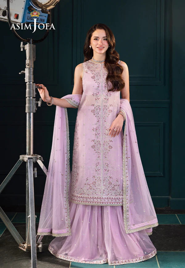 Asim Jofa AJLFC-09 Light Lilac Stitched Net Gharara Ensemble with Magenta Embroidery – Festive Outfit Pakistanimoda