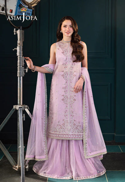 Asim Jofa AJLFC-09 Light Lilac Stitched Net Gharara Ensemble with Magenta Embroidery – Festive Outfit Pakistanimoda