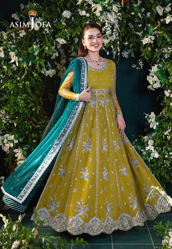 Asim Jofa AJLFC-10 Lime Green Embroidered Net Kalidaar Dress with Teal Dupatta – Stitched Festive Outfit Pakistanimoda