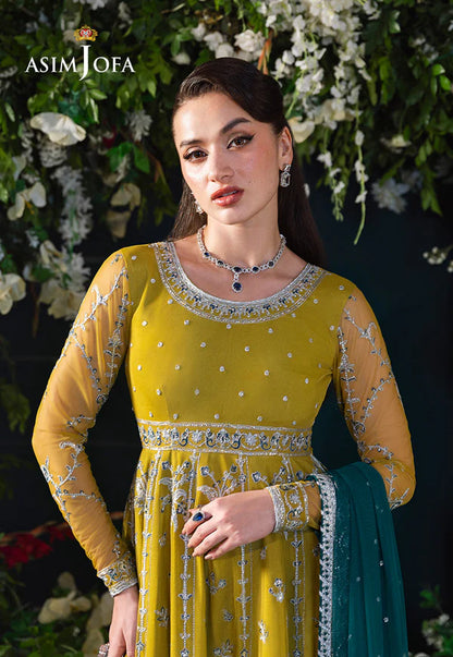 Asim Jofa AJLFC-10 Lime Green Embroidered Net Kalidaar Dress with Teal Dupatta – Stitched Festive Outfit Pakistanimoda