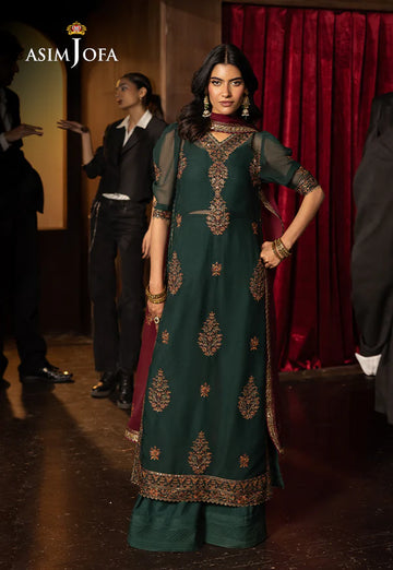 AJLFF-02- Dark Green Embroidered Chiffon Ensemble By- Asim Jofa