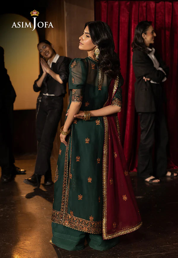 AJLFF-02- Dark Green Embroidered Chiffon Ensemble By- Asim Jofa