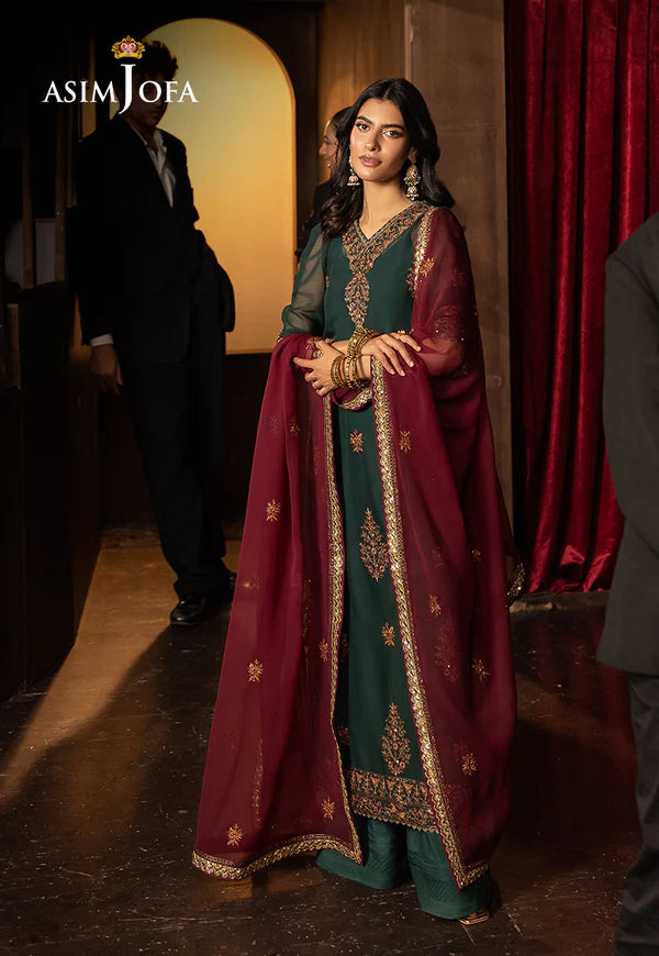 AJLFF-02- Dark Green Embroidered Chiffon Ensemble By- Asim Jofa