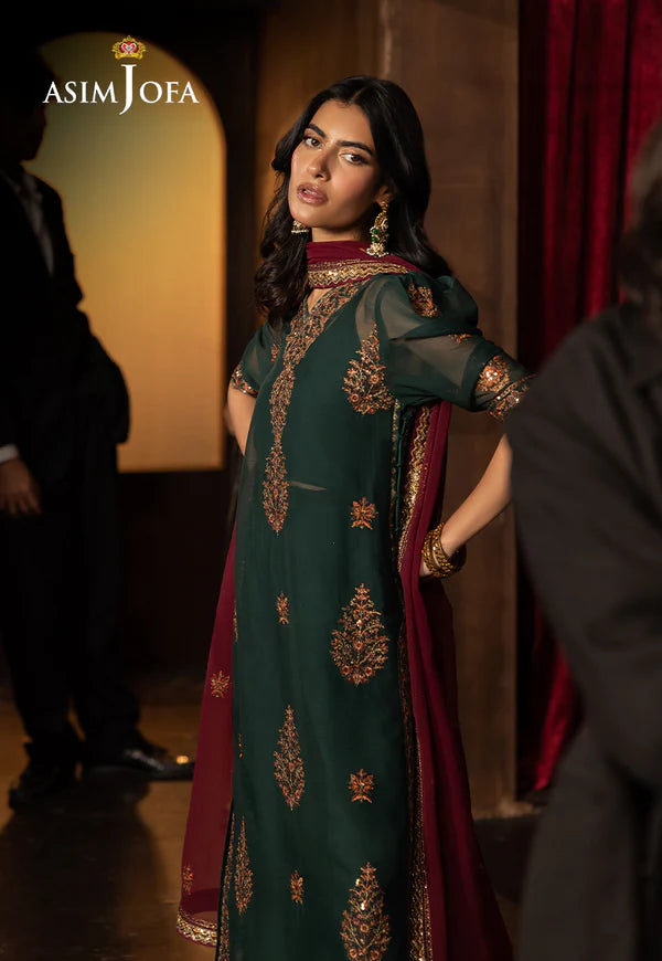 AJLFF-02- Dark Green Embroidered Chiffon Ensemble By- Asim Jofa