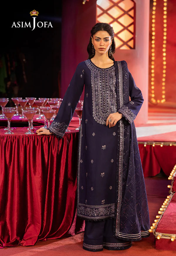 AJLFF-03- Navy Blue Embroidered Silk Outfit By- Asim Jofa