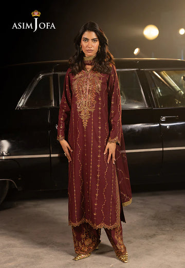 AJLFF-04- Maroon Embroidered Silk Outfit for women By- Asim Jofa