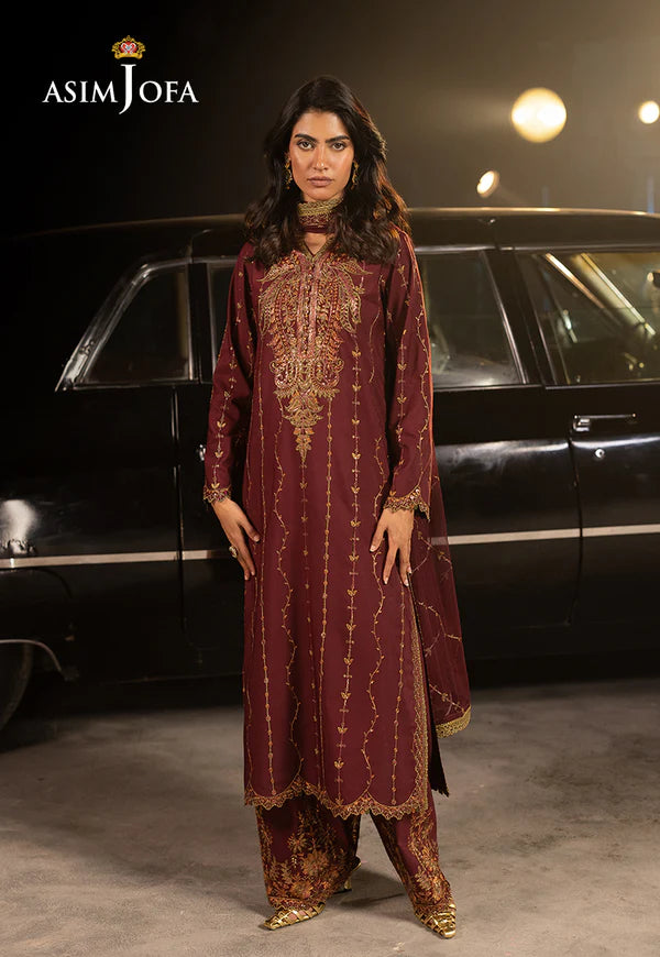 AJLFF-04- Maroon Embroidered Silk Outfit for women By- Asim Jofa