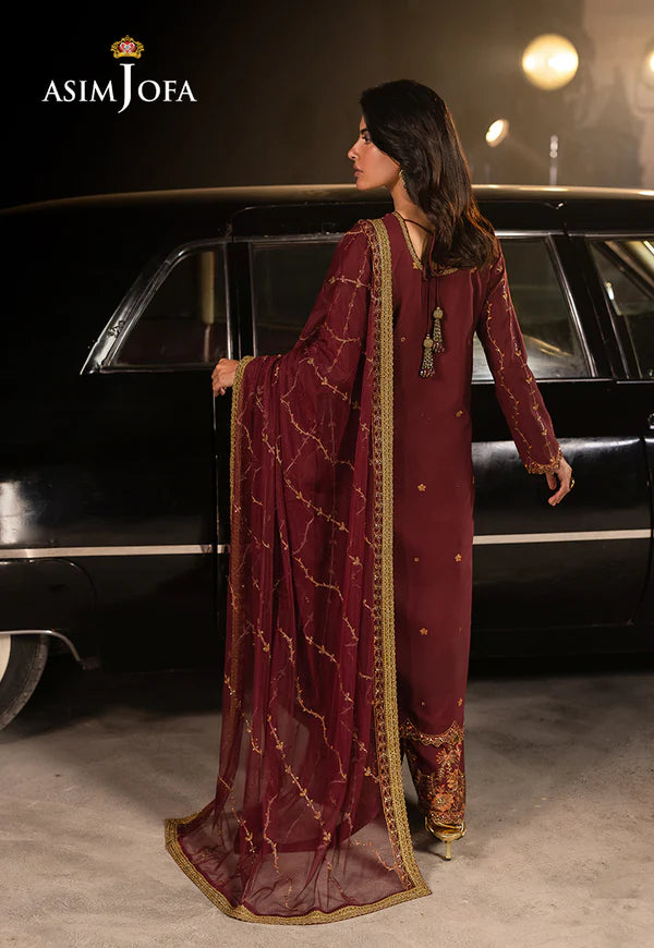 AJLFF-04- Maroon Embroidered Silk Outfit for women By- Asim Jofa