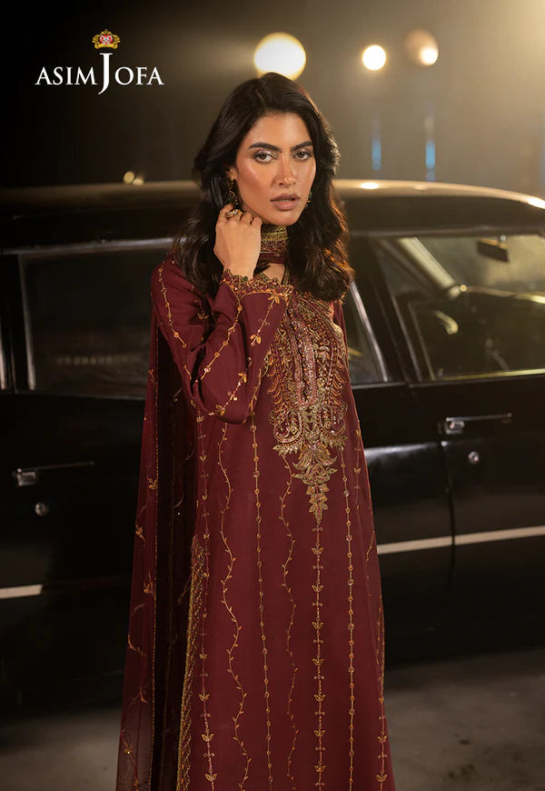 AJLFF-04- Maroon Embroidered Silk Outfit for women By- Asim Jofa