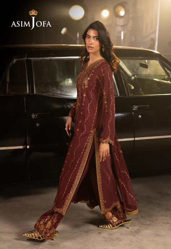 AJLFF-04- Maroon Embroidered Silk Outfit for women By- Asim Jofa