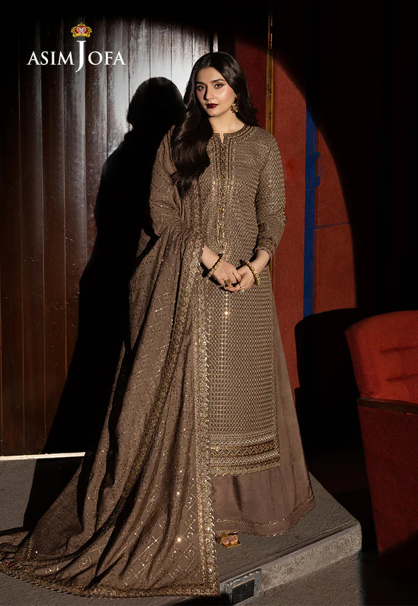 AJLFF-08- Brown Embroidered Paper Cotton Outfit By- Asim Jofa