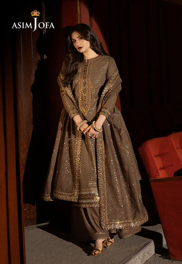 AJLFF-08- Brown Embroidered Paper Cotton Outfit By- Asim Jofa