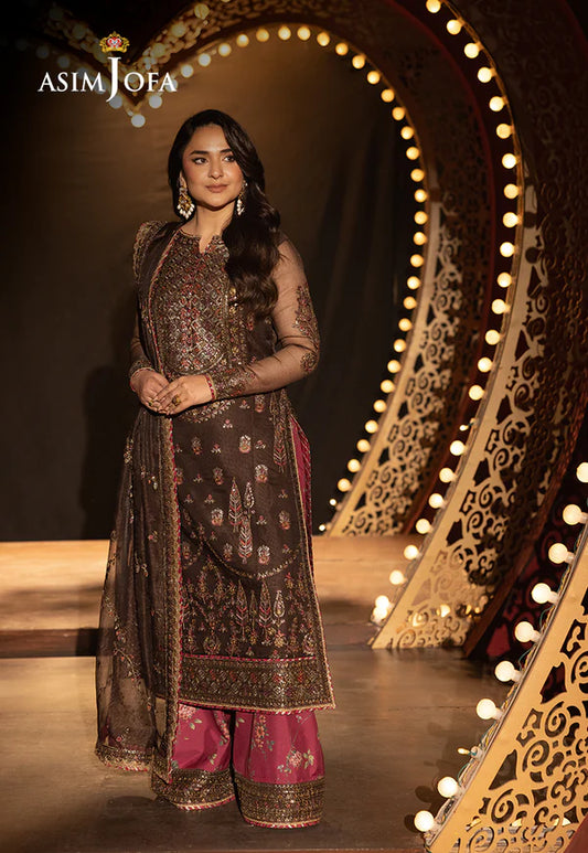 AJLFF-11- Dark Brown Embroidered Javeria Net Outfit By- Asim Jofa