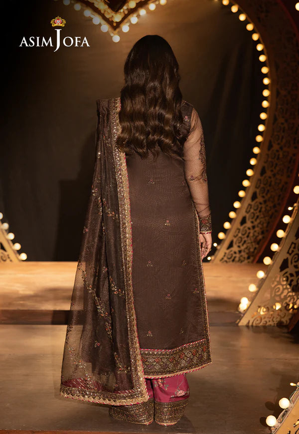 AJLFF-11- Dark Brown Embroidered Javeria Net Outfit By- Asim Jofa