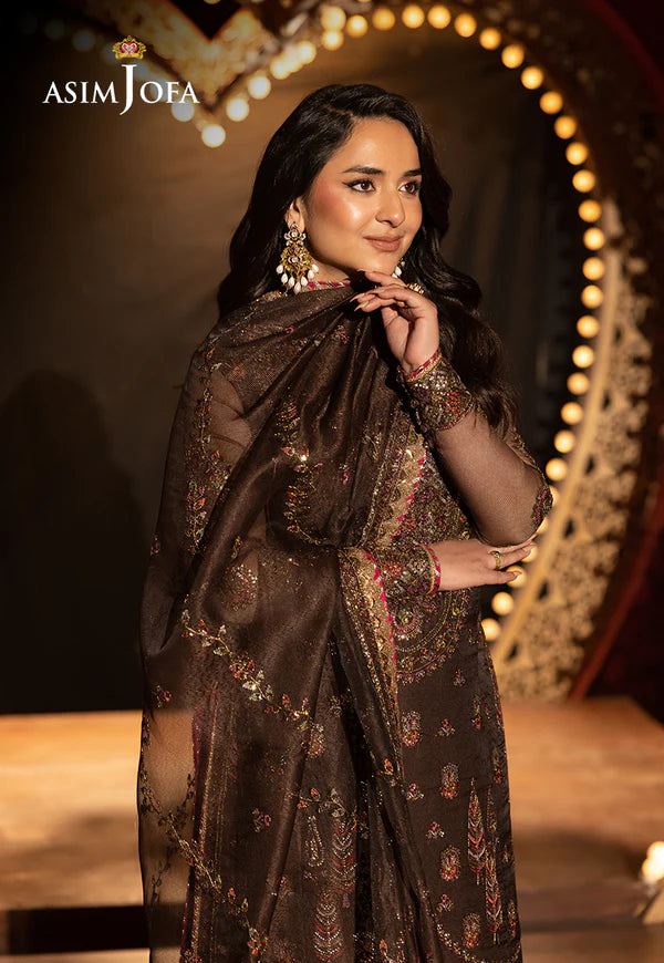 AJLFF-11- Dark Brown Embroidered Javeria Net Outfit By- Asim Jofa