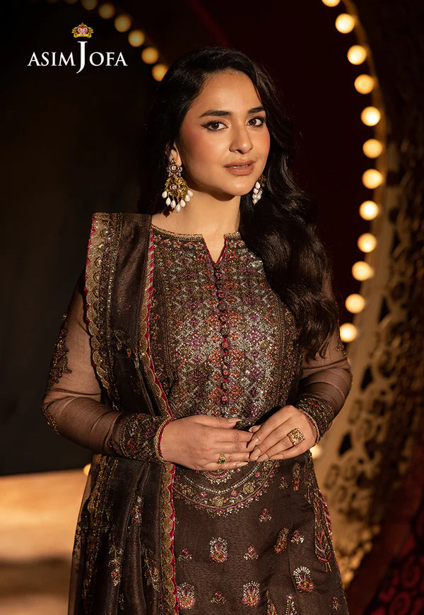 AJLFF-11- Dark Brown Embroidered Javeria Net Outfit By- Asim Jofa