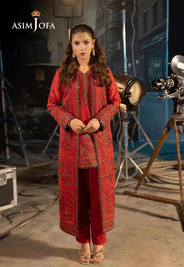 AJLFF-12- Red Embroidered Paper Cotton Suit By- Asim Jofa