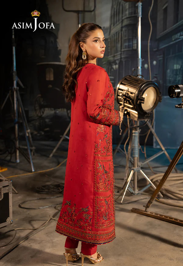 AJLFF-12- Red Embroidered Paper Cotton Suit By- Asim Jofa