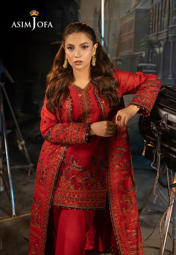AJLFF-12- Red Embroidered Paper Cotton Suit By- Asim Jofa