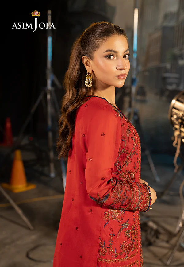 AJLFF-12- Red Embroidered Paper Cotton Suit By- Asim Jofa