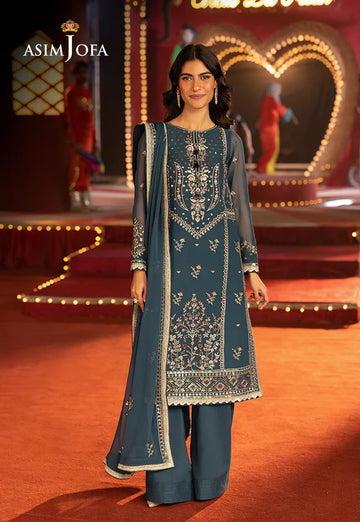 AJLFF-15- Turquoise Blue Embroidered Chiffon Ensemble By- Asim Jofa