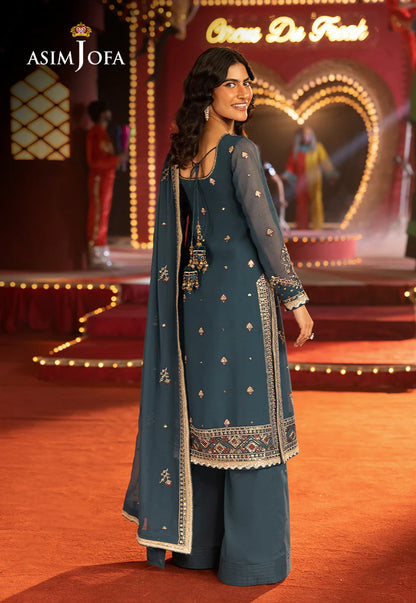 AJLFF-15- Turquoise Blue Embroidered Chiffon Ensemble By- Asim Jofa