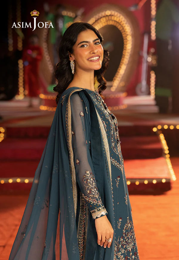 AJLFF-15- Turquoise Blue Embroidered Chiffon Ensemble By- Asim Jofa