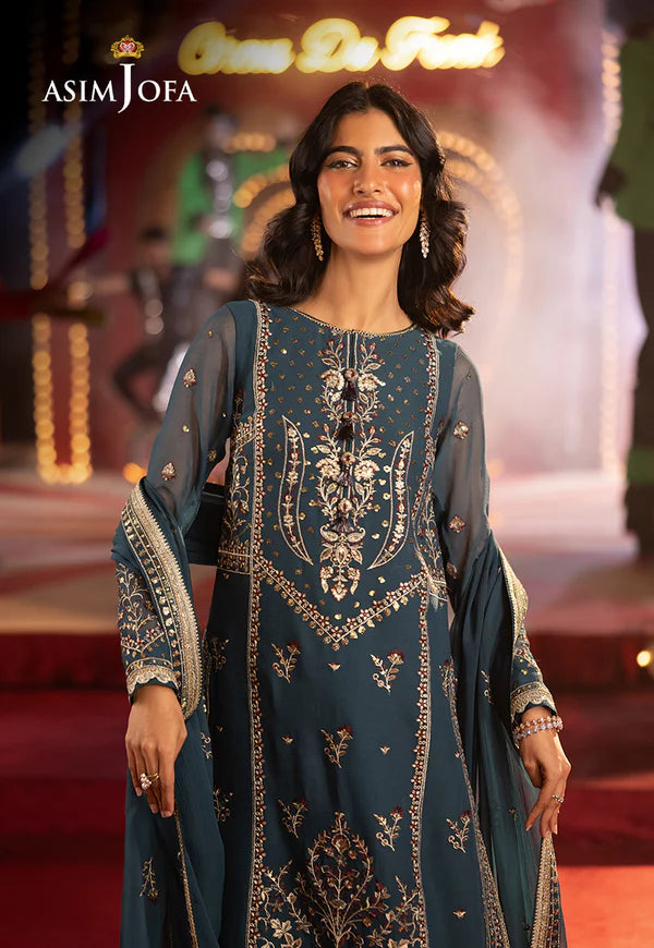 AJLFF-15- Turquoise Blue Embroidered Chiffon Ensemble By- Asim Jofa