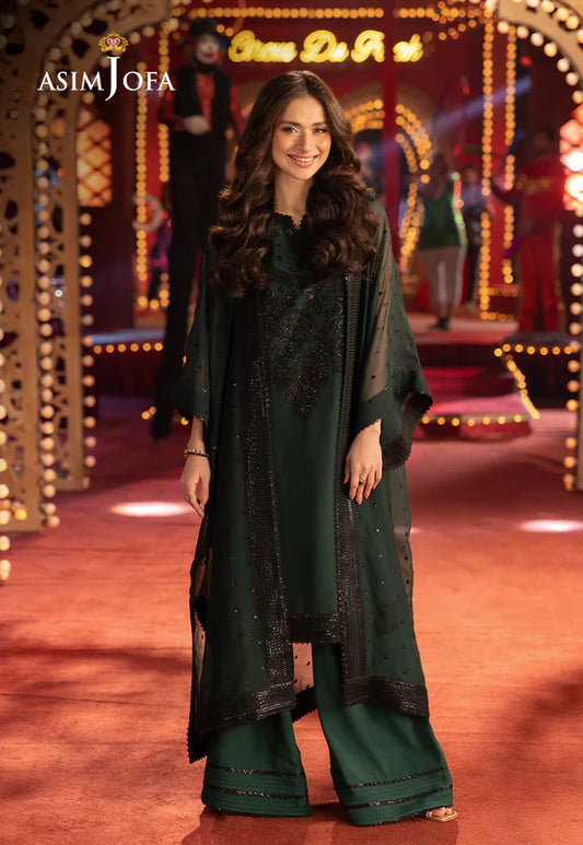 AJLLF-06- Luxurious Bottle Green Ethnic Outfit with Dramatic Embroidered Cape By- Asim Jofa