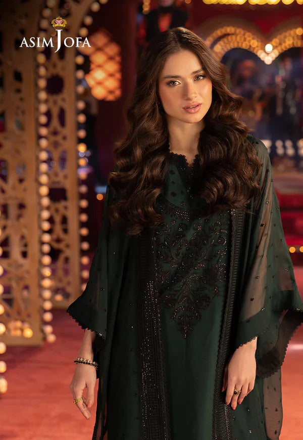AJLLF-06- Luxurious Bottle Green Ethnic Outfit with Dramatic Embroidered Cape By- Asim Jofa