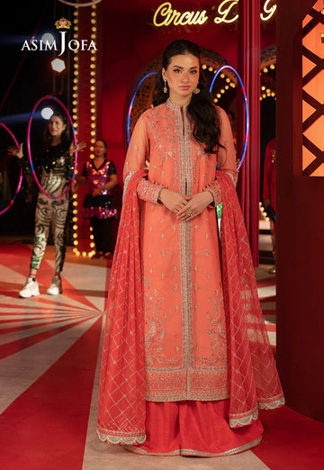 AJLLF-13- Front-Open Embroidered Peach Ensemble for Festive Wear By- Asim Jofa