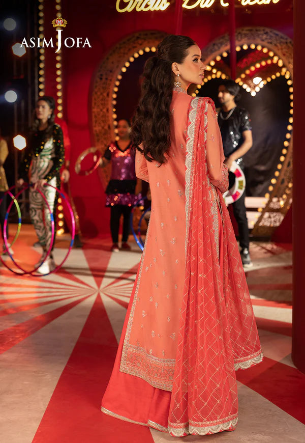 AJLLF-13- Front-Open Embroidered Peach Ensemble for Festive Wear By- Asim Jofa