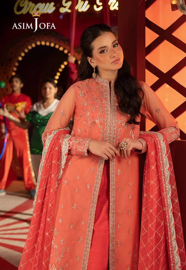 AJLLF-13- Front-Open Embroidered Peach Ensemble for Festive Wear By- Asim Jofa