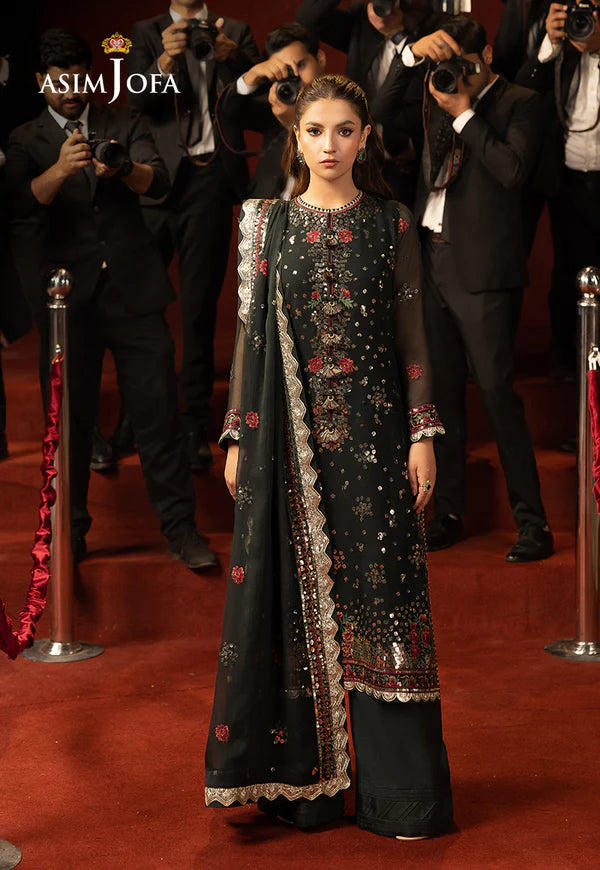 AJLLF-17- Floral-Inspired Deep Green Outfit with Rose Motifs on Dupatta By- Asim Jofa