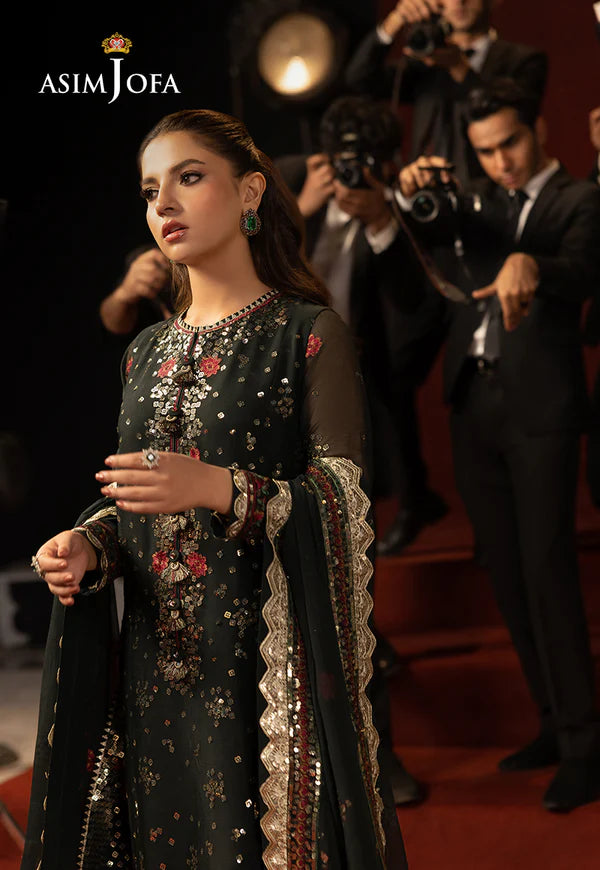 AJLLF-17- Floral-Inspired Deep Green Outfit with Rose Motifs on Dupatta By- Asim Jofa