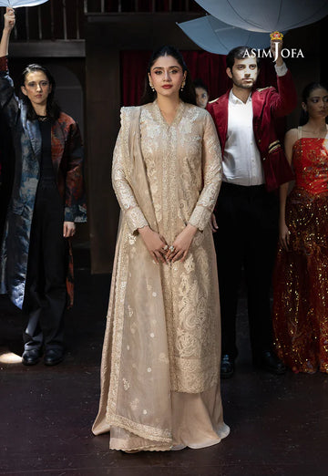 AJLLF-20- Refined Beige Traditional Dress with Delicate Ivory Threadwork By- Asim Jofa