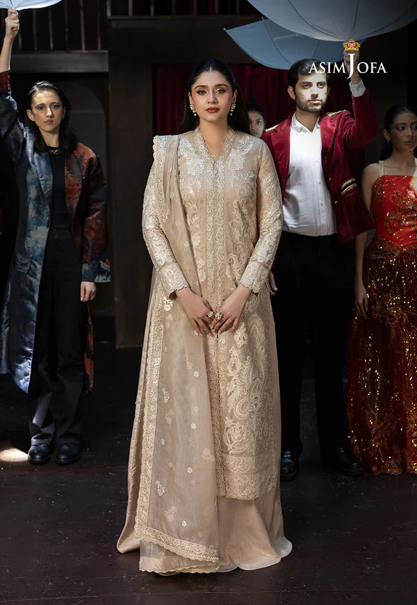 AJLLF-20- Refined Beige Traditional Dress with Delicate Ivory Threadwork By- Asim Jofa