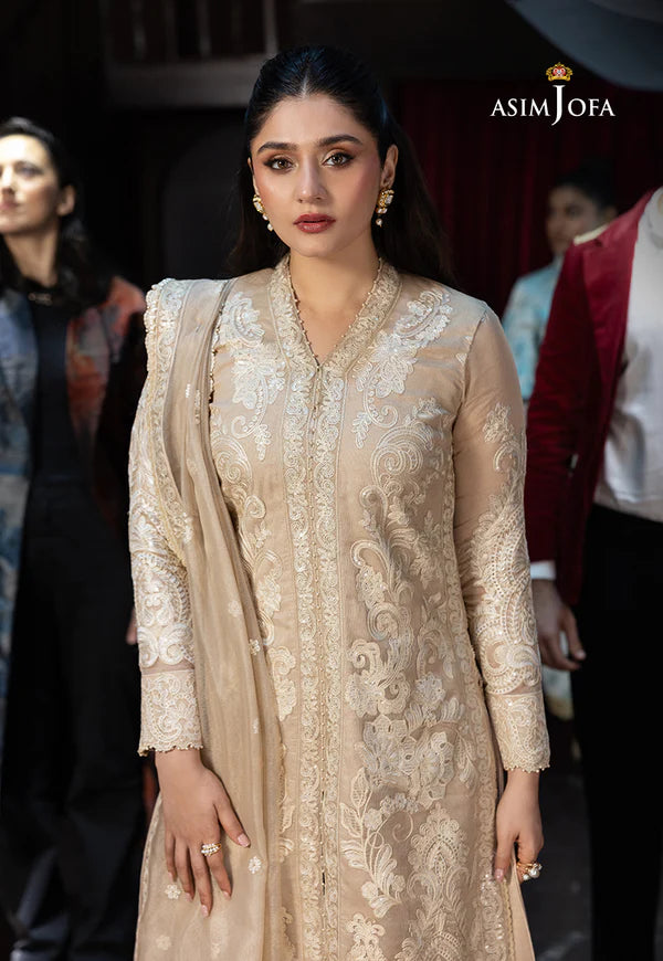 AJLLF-20- Refined Beige Traditional Dress with Delicate Ivory Threadwork By- Asim Jofa