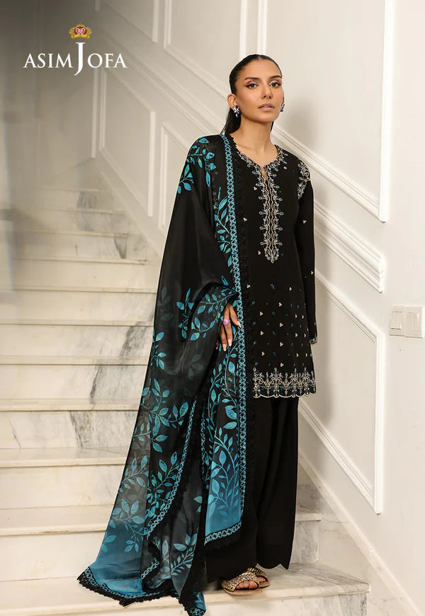 AJMCH-01 black stitched cambric suit with contrast embroidery and printed teal silk dupatta – Pakistani summer outfit for women abroad