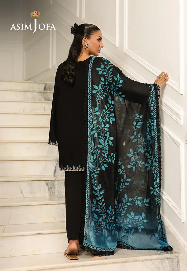 AJMCH-01 black stitched cambric suit with contrast embroidery and printed teal silk dupatta – Pakistani summer outfit for women abroad