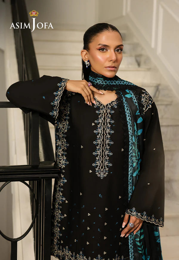 AJMCH-01 black stitched cambric suit with contrast embroidery and printed teal silk dupatta – Pakistani summer outfit for women abroad